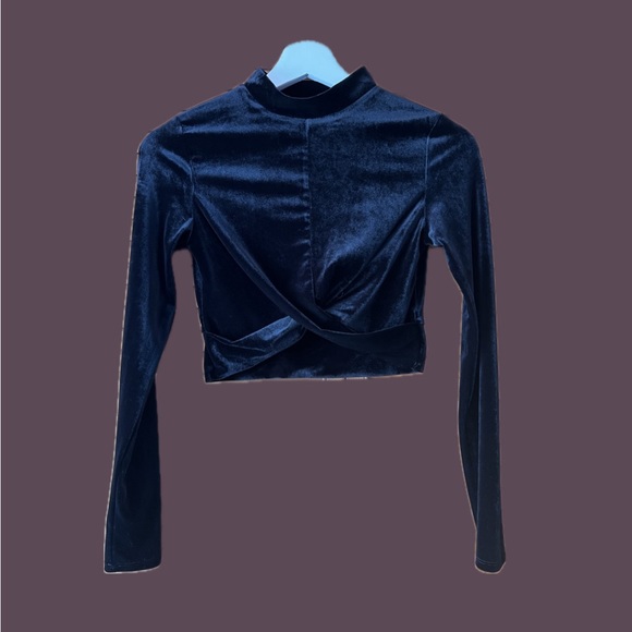 Black Velvet Long-Sleeve Mock Neck Crop Top - Picture 1 of 4